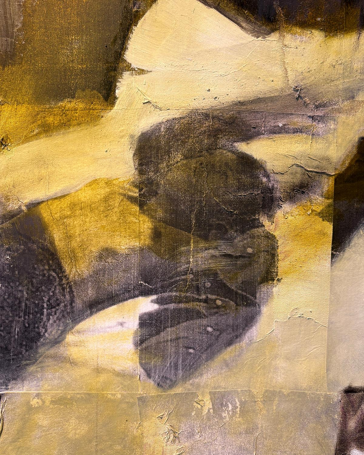 Daytime Napping (collage di tessuti sotto un dipinto a olio surrealista giallo e nero) in vendita 4