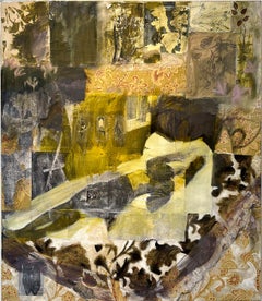 Daytime Napping (Fabric Collage under Yellow and Black Surrealist Oil Painting)
