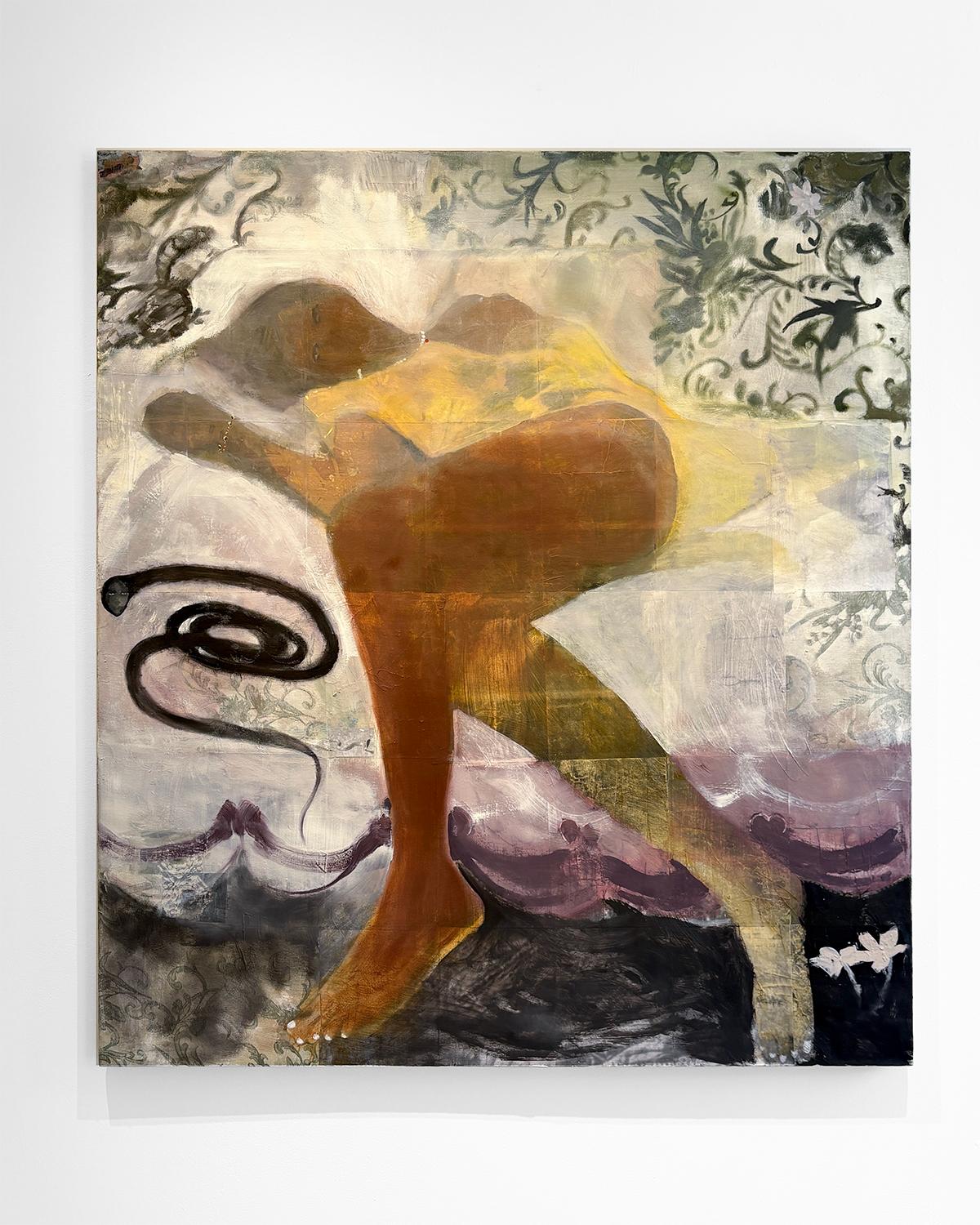 Shared Tongue (Yellow Black and White with Abstracted Figure on Embossed Fabric) - Painting by India Sachi