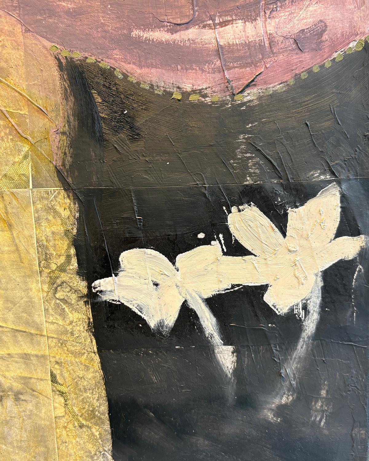 Shared Tongue (Yellow Black and White with Abstracted Figure on Embossed Fabric) - Brown Figurative Painting by India Sachi