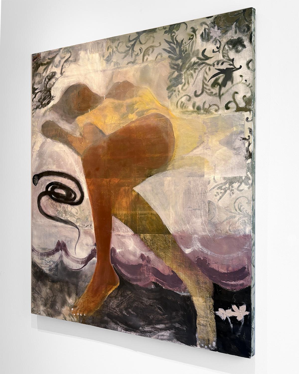 Shared Tongue (Yellow Black and White with Abstracted Figure on Embossed Fabric) For Sale 4