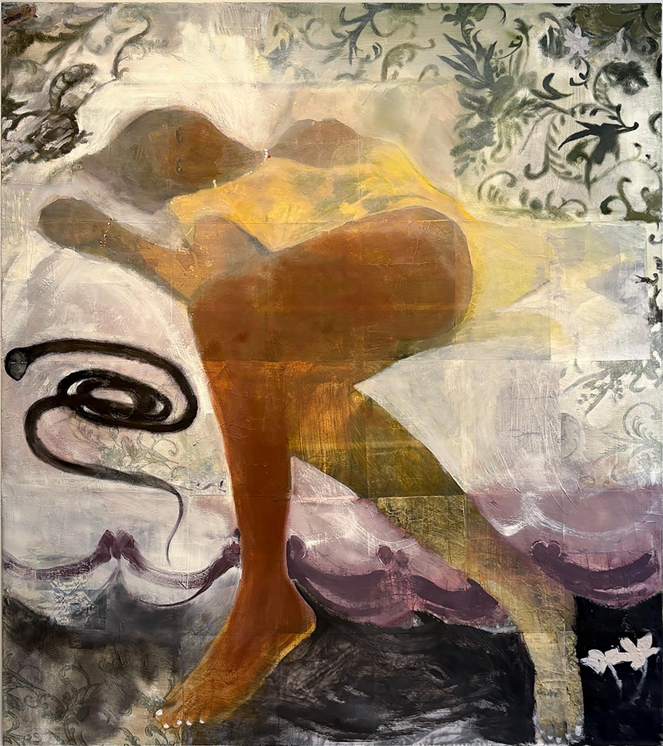 Lengua Compartida (Amarillo Blanco y Negro con Figura Abstracta sobre Tela en Relieve)