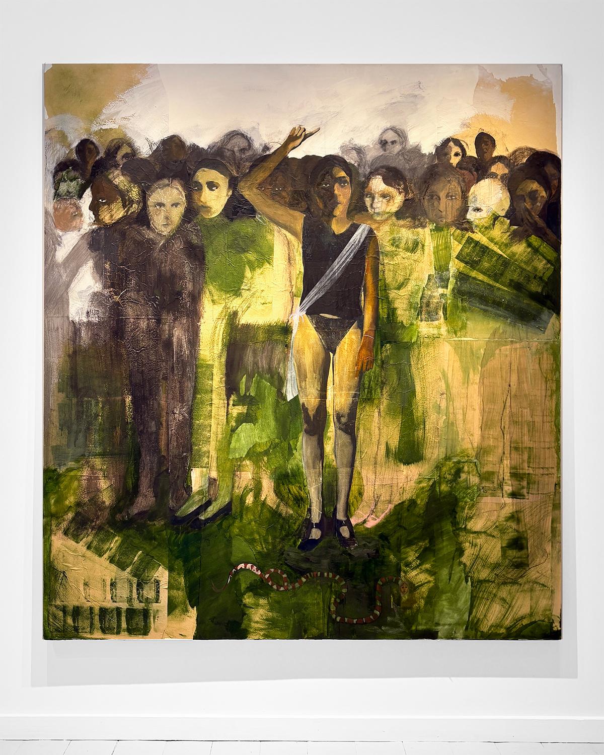 El Anuncio (Figura femenina con serpiente rayada; negro, verde y amarillo) - Painting de India Sachi