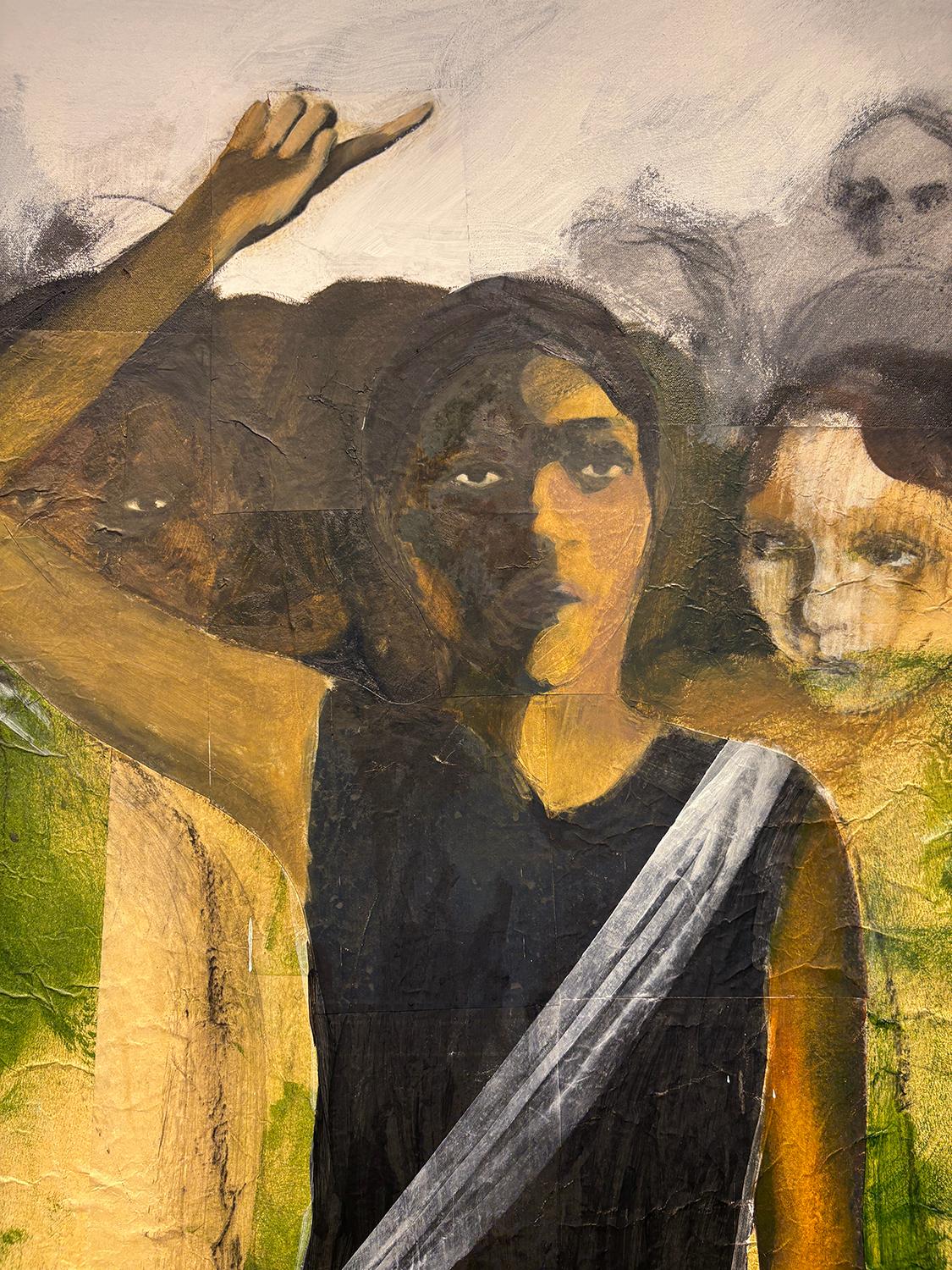 El Anuncio (Figura femenina con serpiente rayada; negro, verde y amarillo) - Figurative Painting Marrón de India Sachi