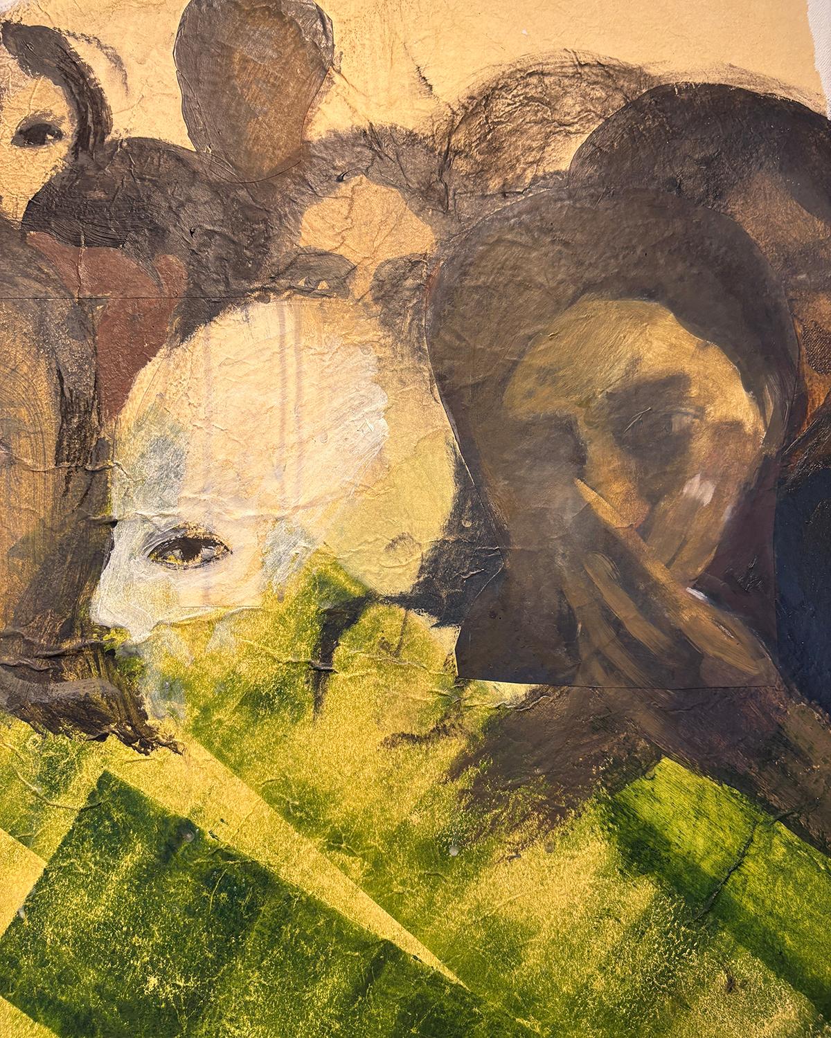 India Sachi es una pintora y fotógrafa contemporánea cuyas obras de inspiración mitológica exploran conceptos de poder, vulnerabilidad y folclore. Con una obra que evoca a Rauschenberg, Sachi aplica capas de pintura, fotografías y telas para crear