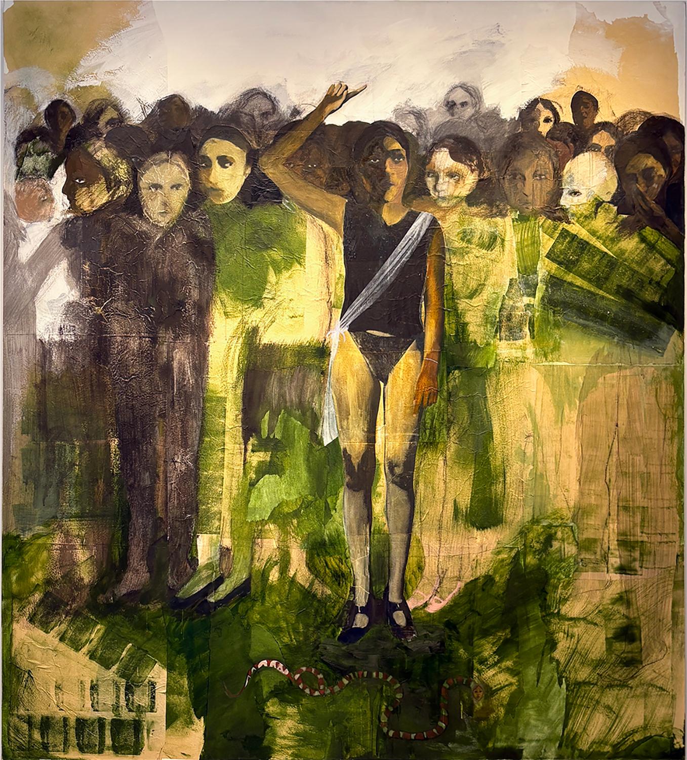 Figurative Painting de India Sachi - El Anuncio (Figura femenina con serpiente rayada; negro, verde y amarillo)