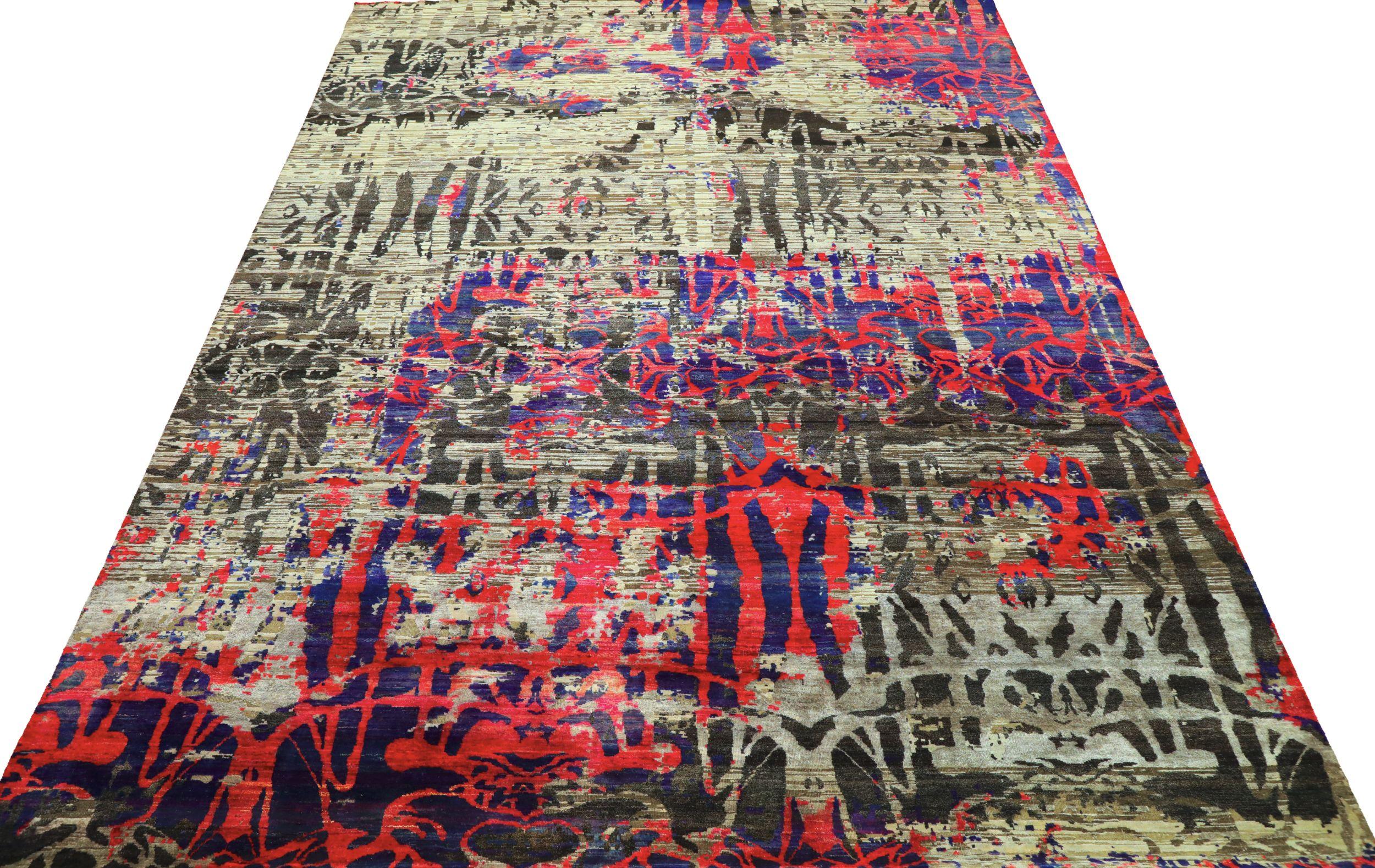 Découvrez l'élégance des tapis en soie Sari de l'Inde, datant de 1990. Conçu avec de la laine et du BlackBlueBrownIvoryRed, ce design exclusif est parfait pour mettre en valeur votre espace.