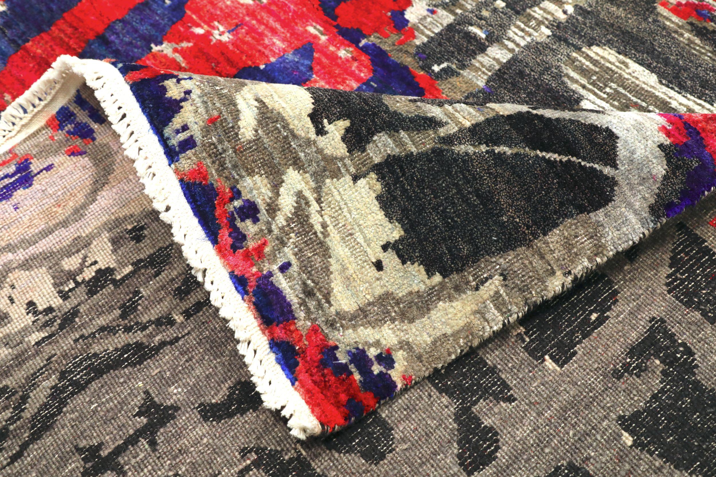 Indien Tapis de soie Sari de l'Inde - Laine Noir Bleu Brown Ivoire Rouge - 94145 en vente