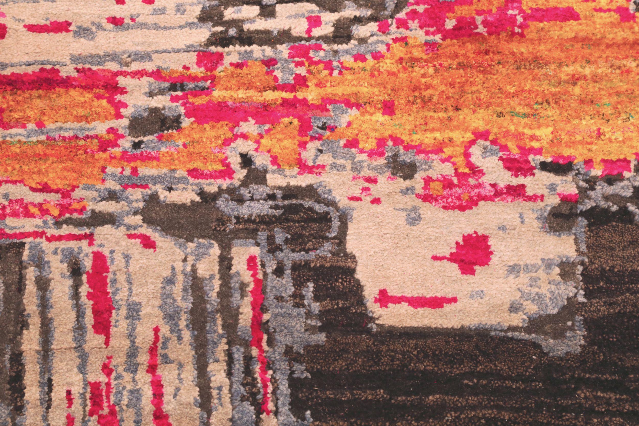 Indien Tapis de soie Sari de l'Inde - Laine Noir Bleu Ivoire Rouge Jaune - 94155 en vente