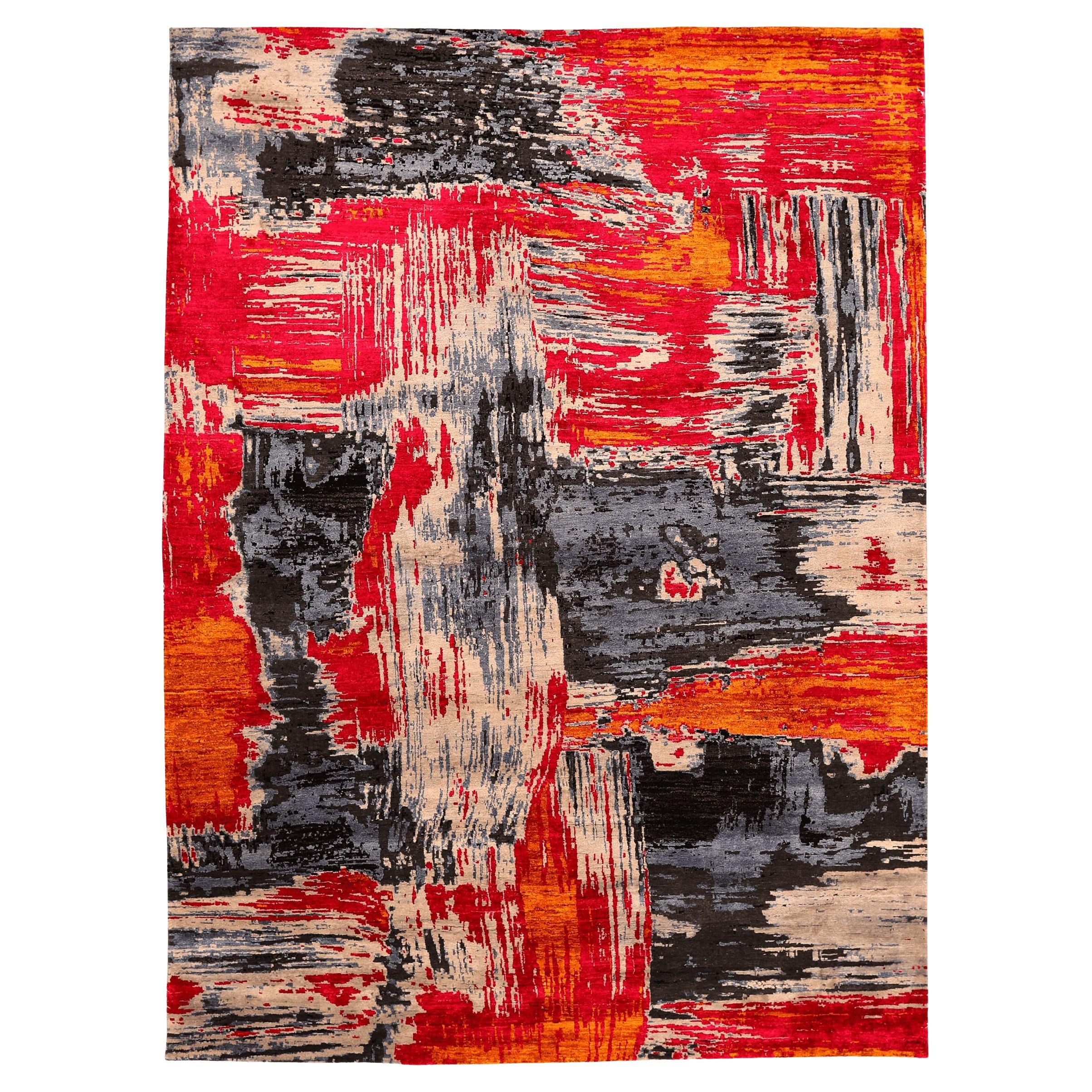 Tapis de soie Sari de l'Inde - Laine Noir Bleu Ivoire Rouge Jaune - 94155 en vente