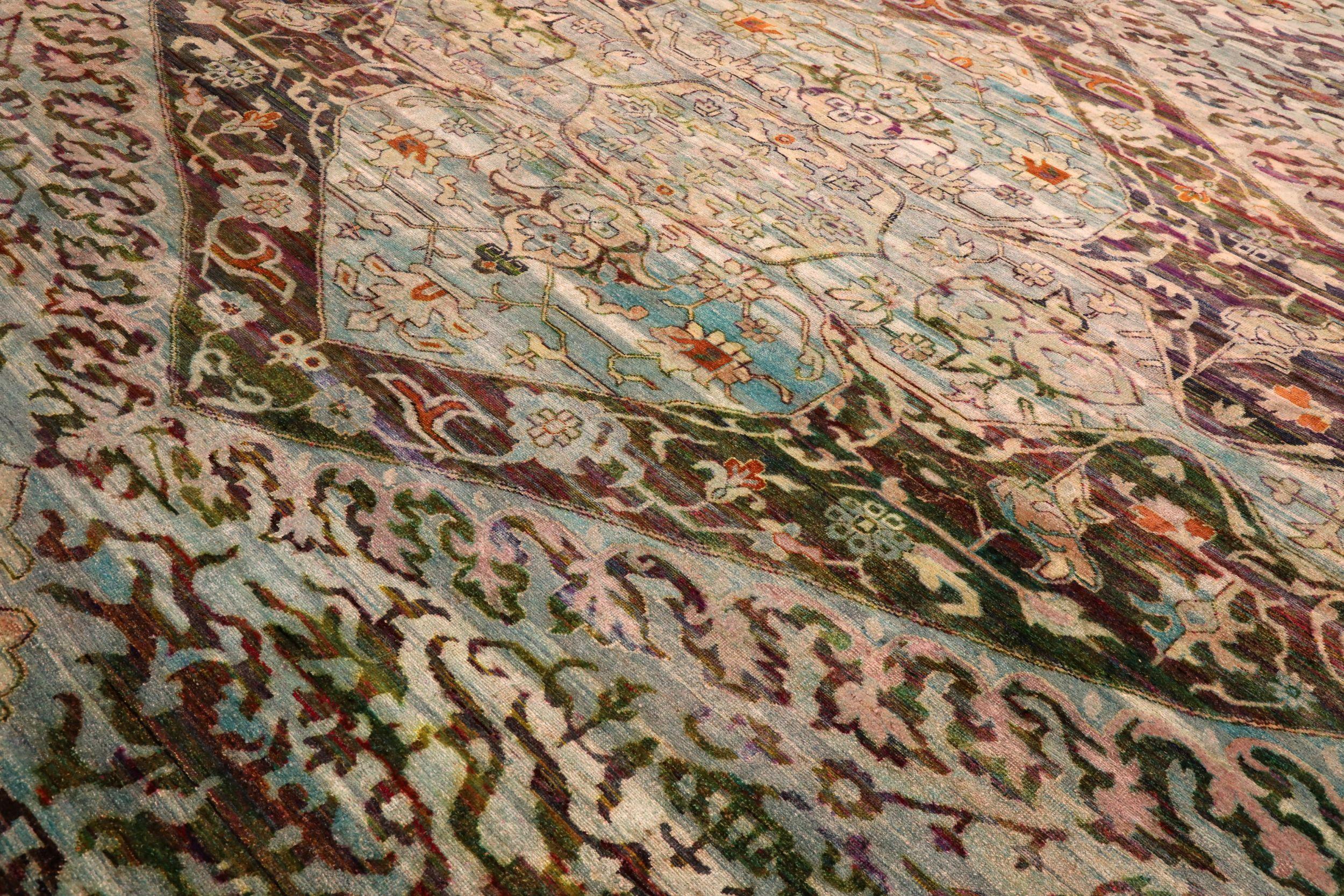 Moderno Tappeti India Sari Silk Area Rugs - Wool Blue Brown Design - 94078 in vendita