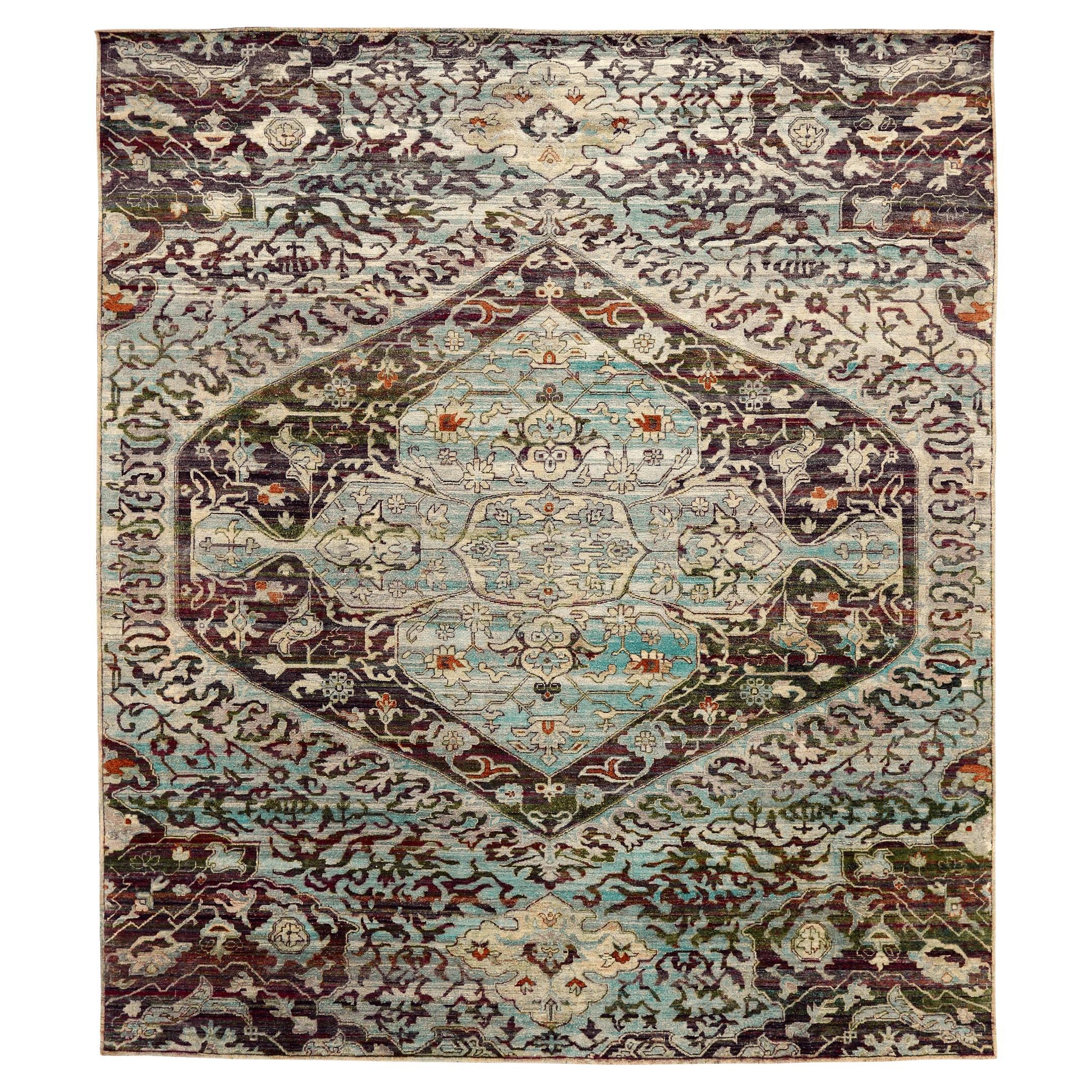 Tapis en soie Sari de l'Inde - Laine Bleu Brown Design - 94078