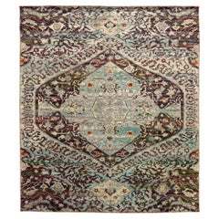 India Sari Silk Area Rugs - Wool Blue Brown Design - 94078
