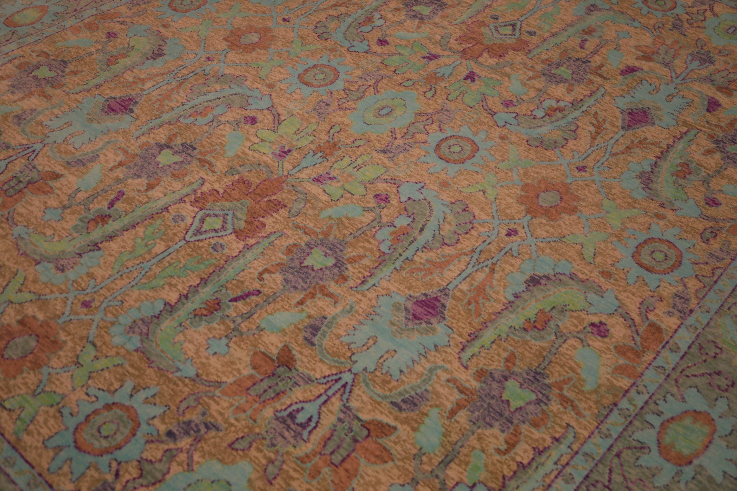 Moderne Tapis de zone Sari en laine bleu vert ivoire - 93844 en vente