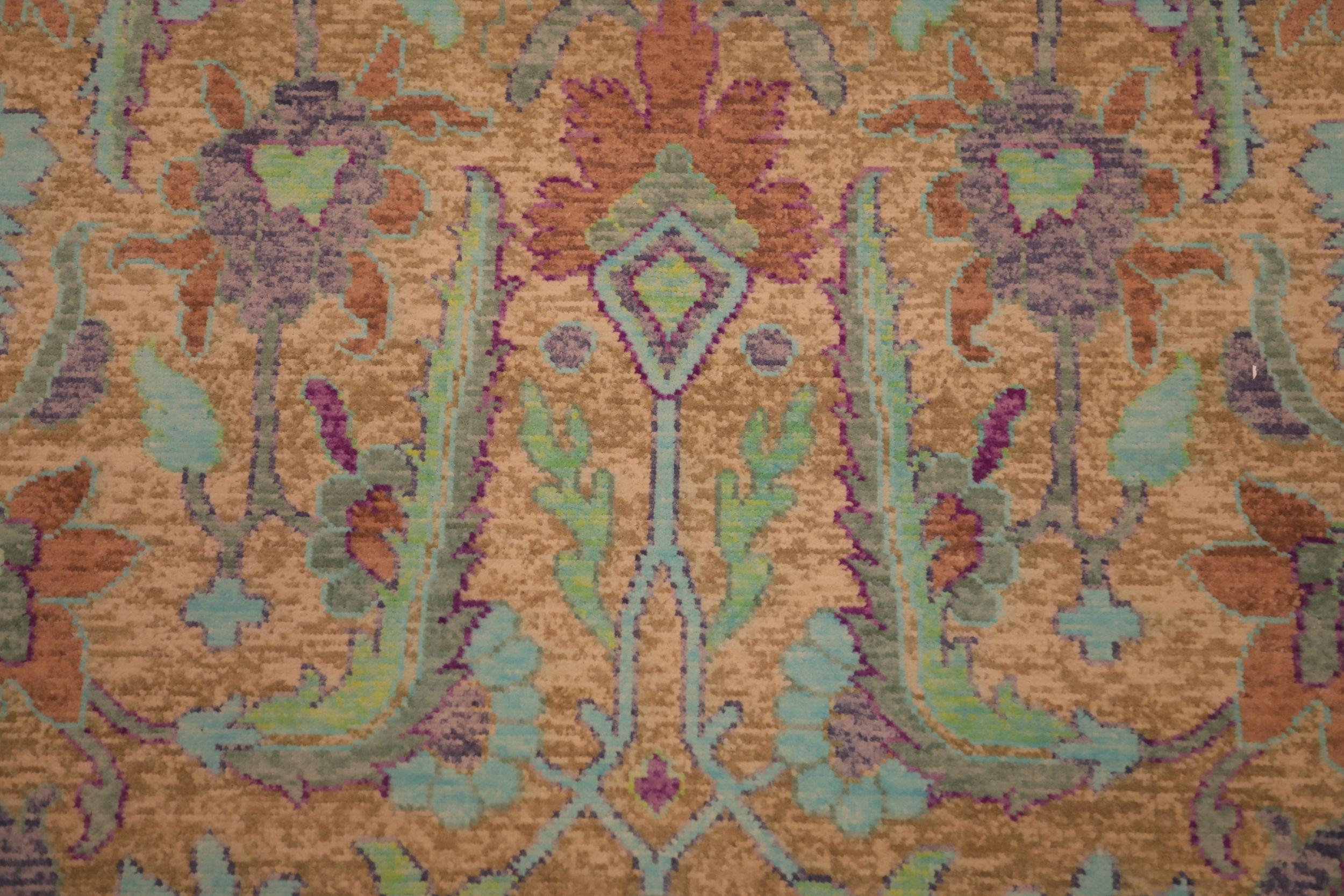 Indien Tapis de zone Sari en laine bleu vert ivoire - 93844 en vente