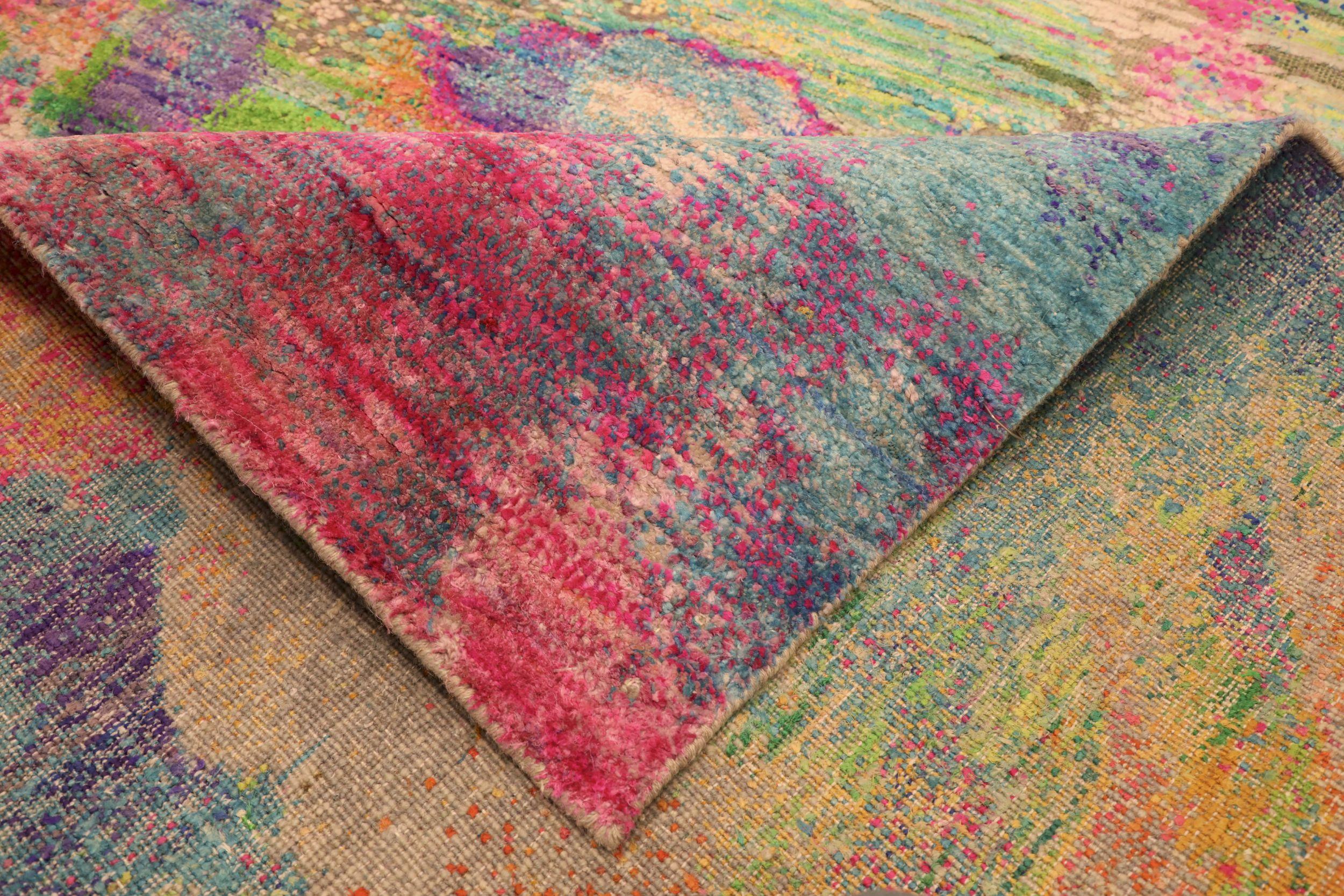 Indien Tapis indien Sari en laine bleu vert rose jaune - 94126 en vente