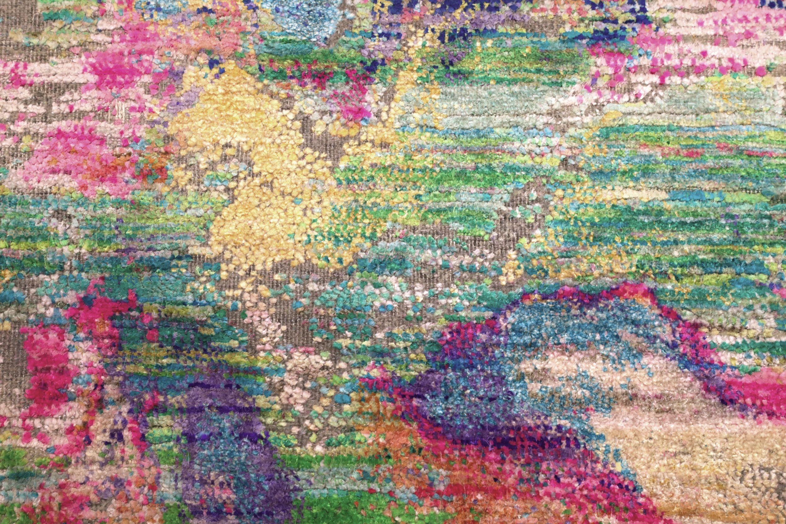 Tapis indien Sari en laine bleu vert rose jaune - 94126 Excellent état - En vente à Dallas, TX
