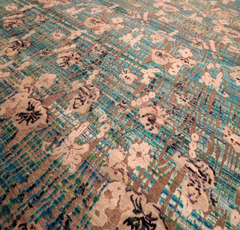 Moderne Tapis indien Sari motif bleu ivoire en laine - 94256 en vente