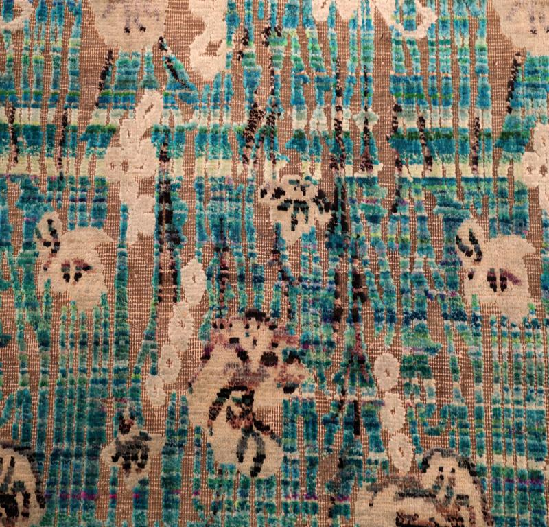 Indien Tapis indien Sari motif bleu ivoire en laine - 94256 en vente