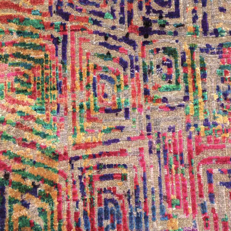 Indian India Sari Silk Area Rugs - Wool Blue Ivory Red Design - 94134 For Sale
