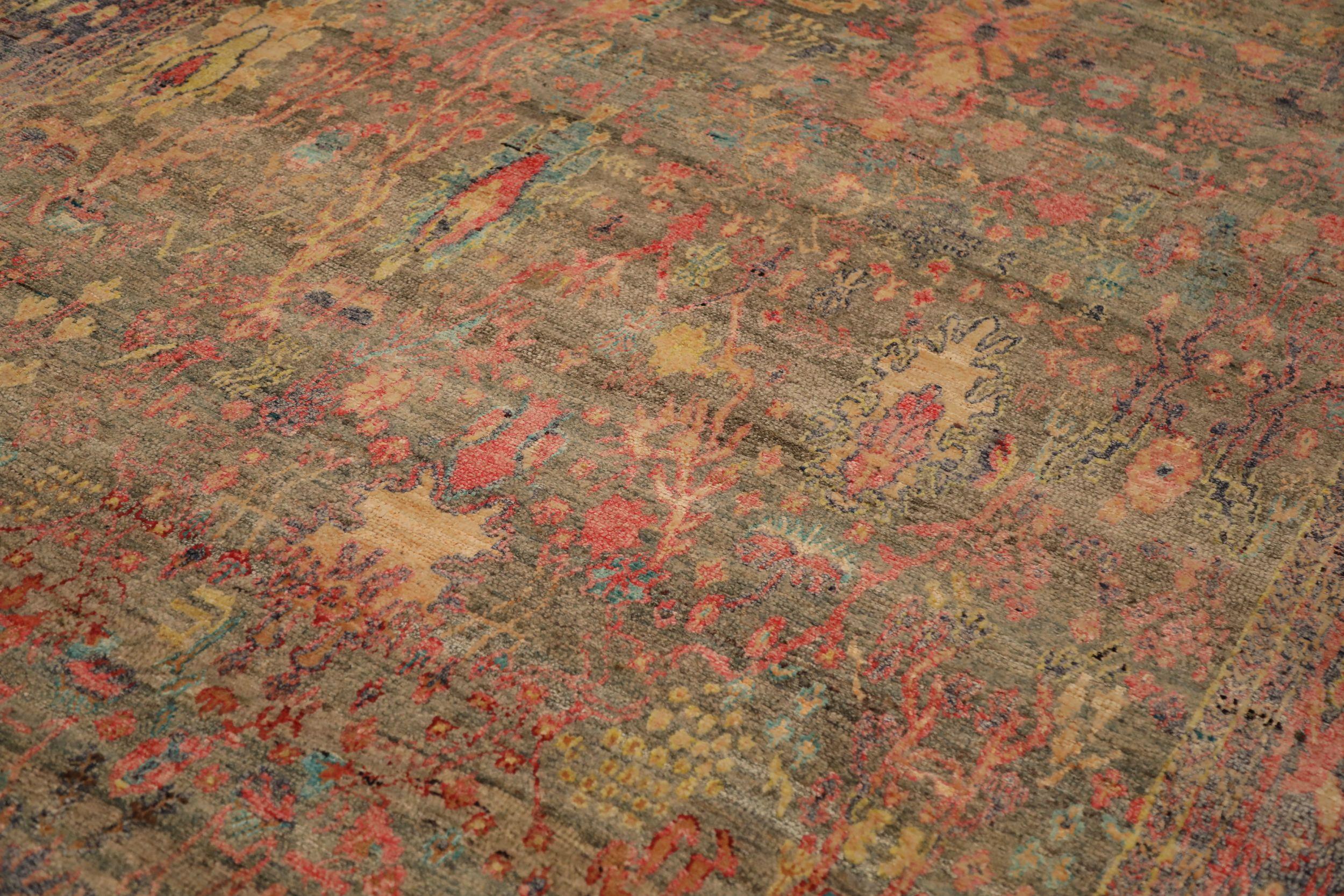 Moderne Tapis de zone Sari en laine bleu rose jaune motif indien - 93862 en vente
