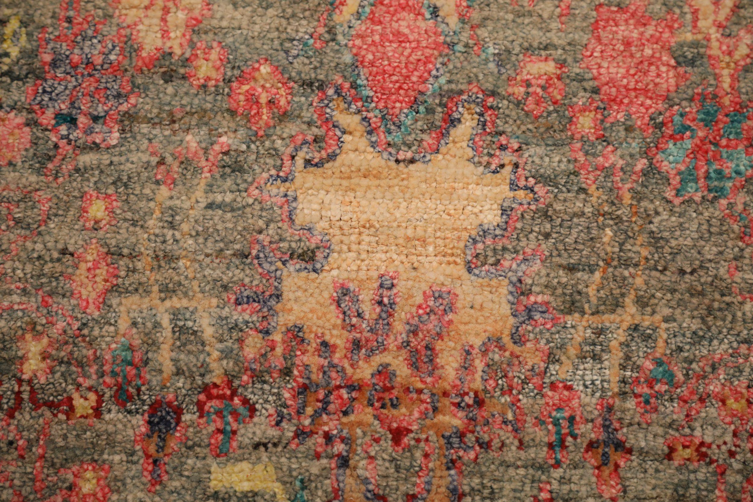 Indien Tapis de zone Sari en laine bleu rose jaune motif indien - 93862 en vente
