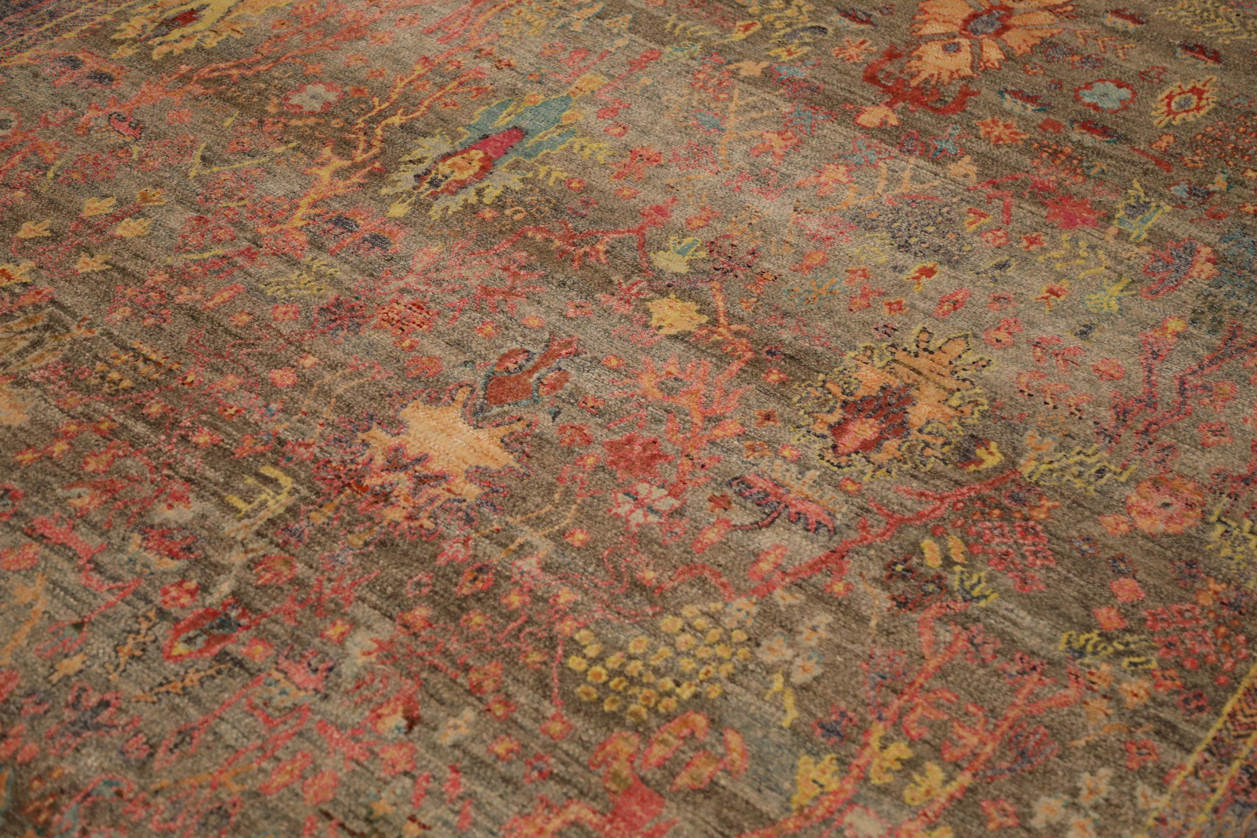Moderne Tapis de zone Sari en laine bleu, rose et jaune, 93863 en vente