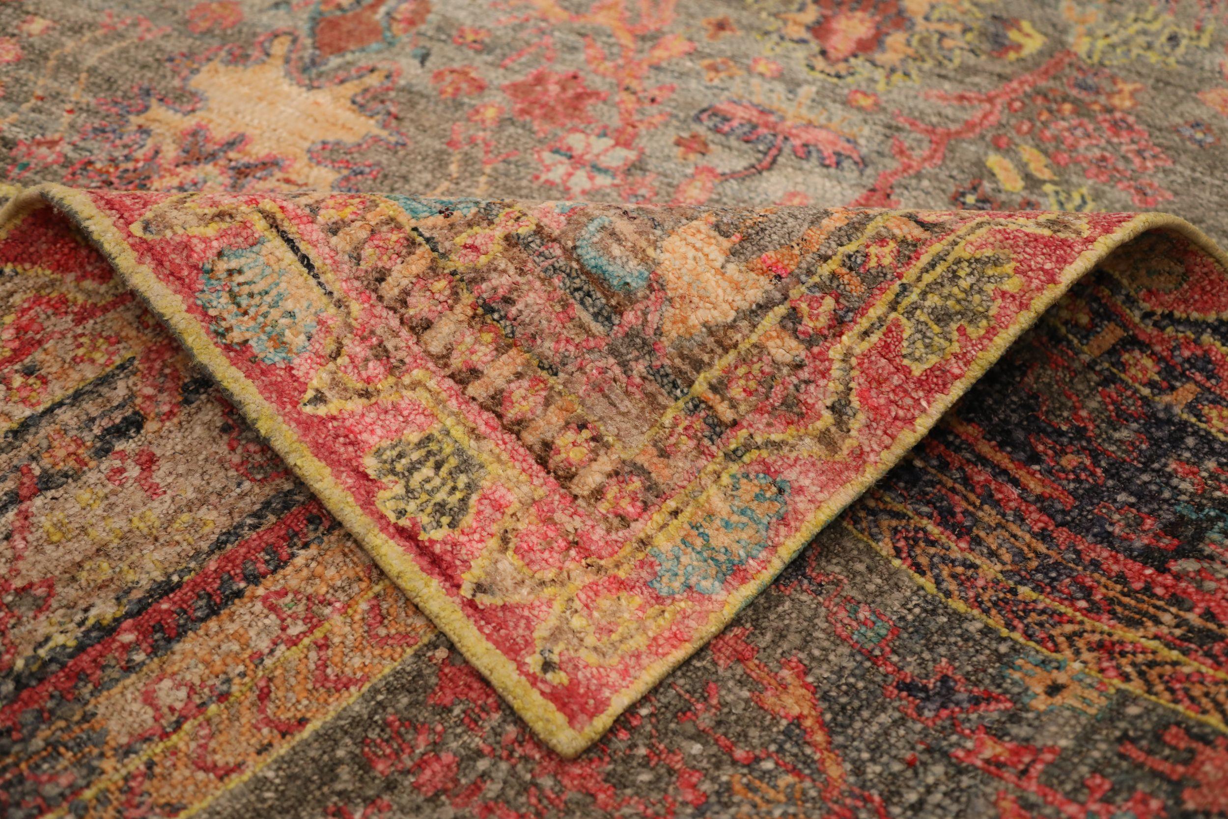 Indien Tapis de zone Sari en laine bleu, rose et jaune, 93863 en vente