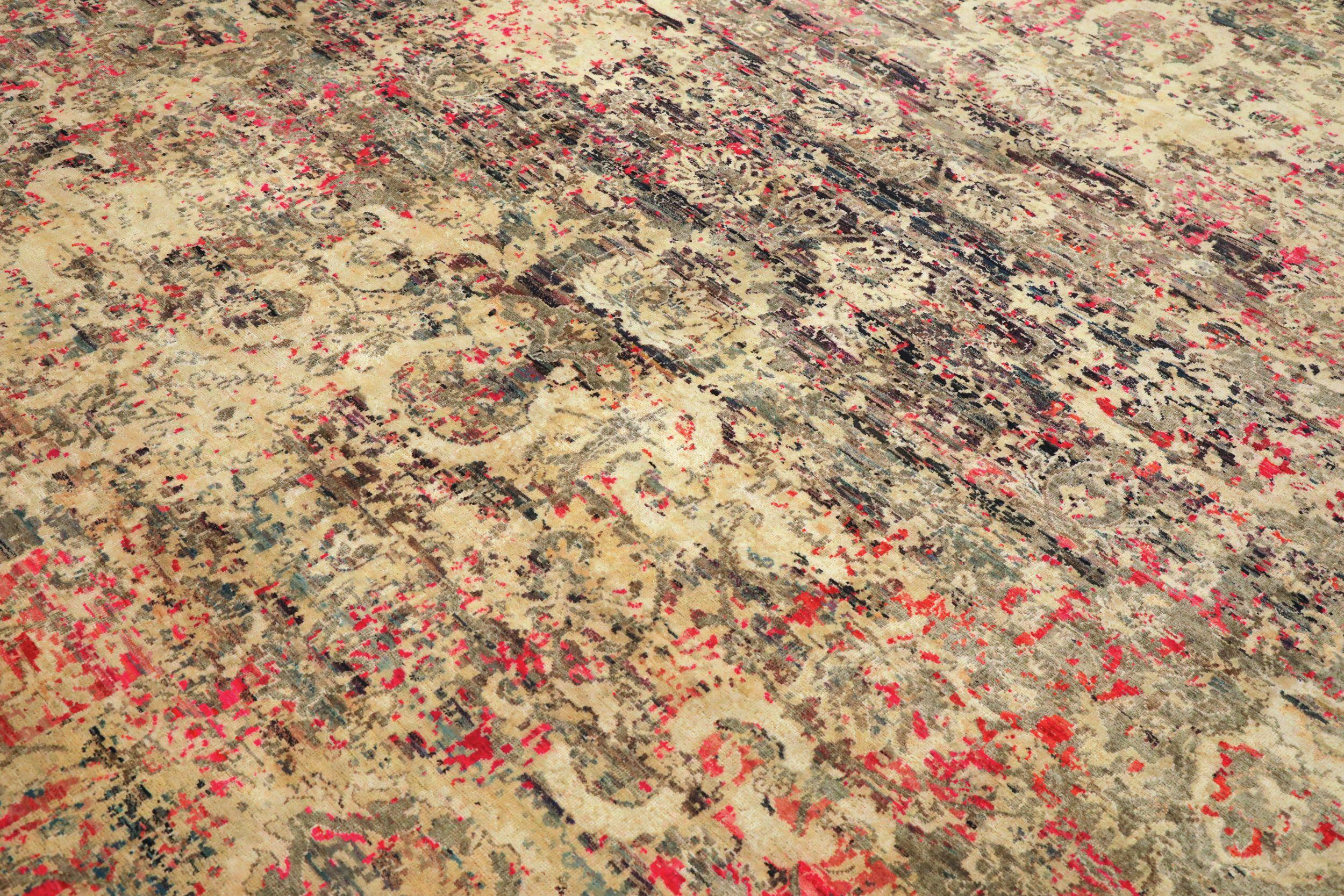 Moderne Tapis en soie Sari de l'Inde - Laine Brown Ivory Red Design - 94150 en vente