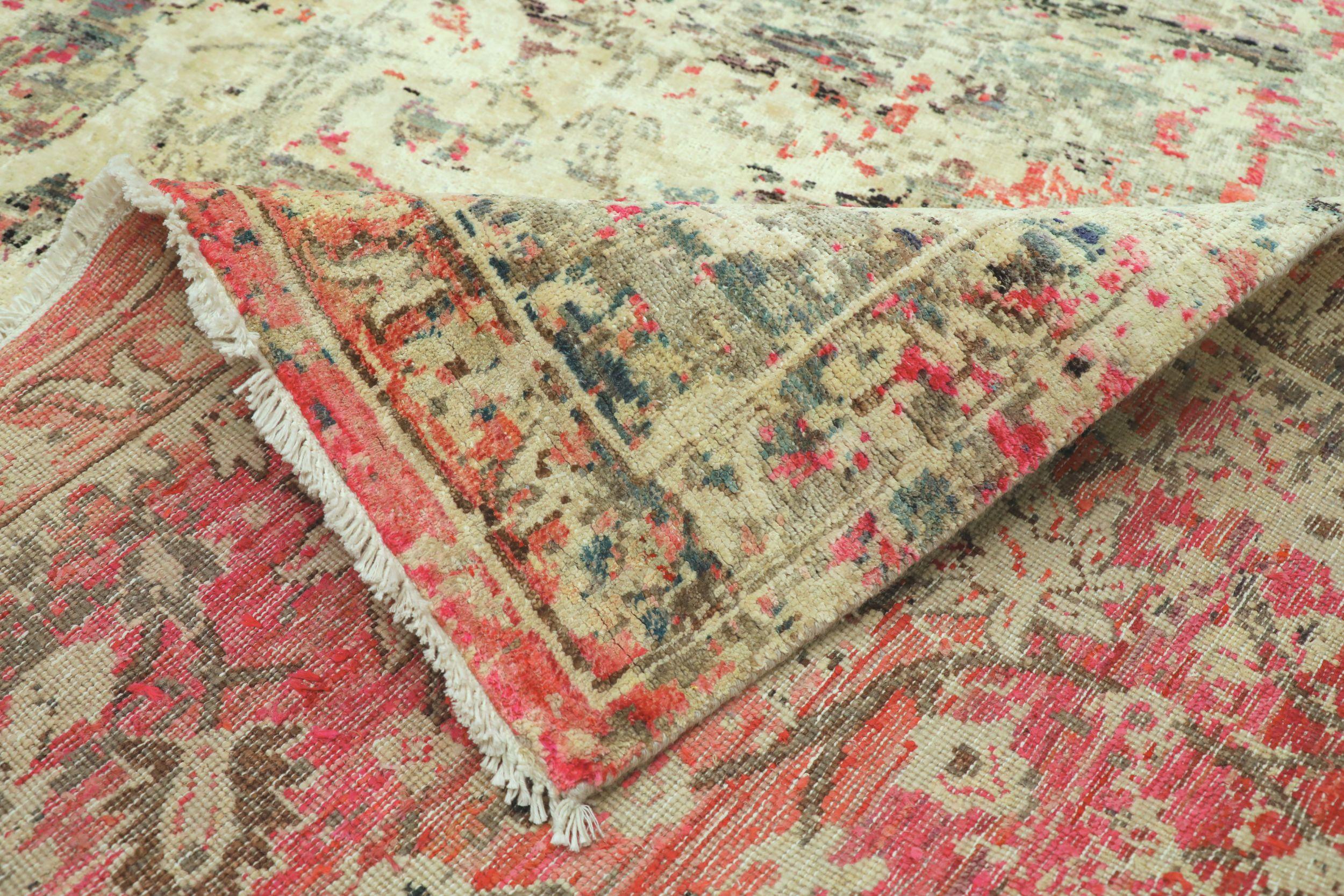 Indien Tapis en soie Sari de l'Inde - Laine Brown Ivory Red Design - 94150 en vente
