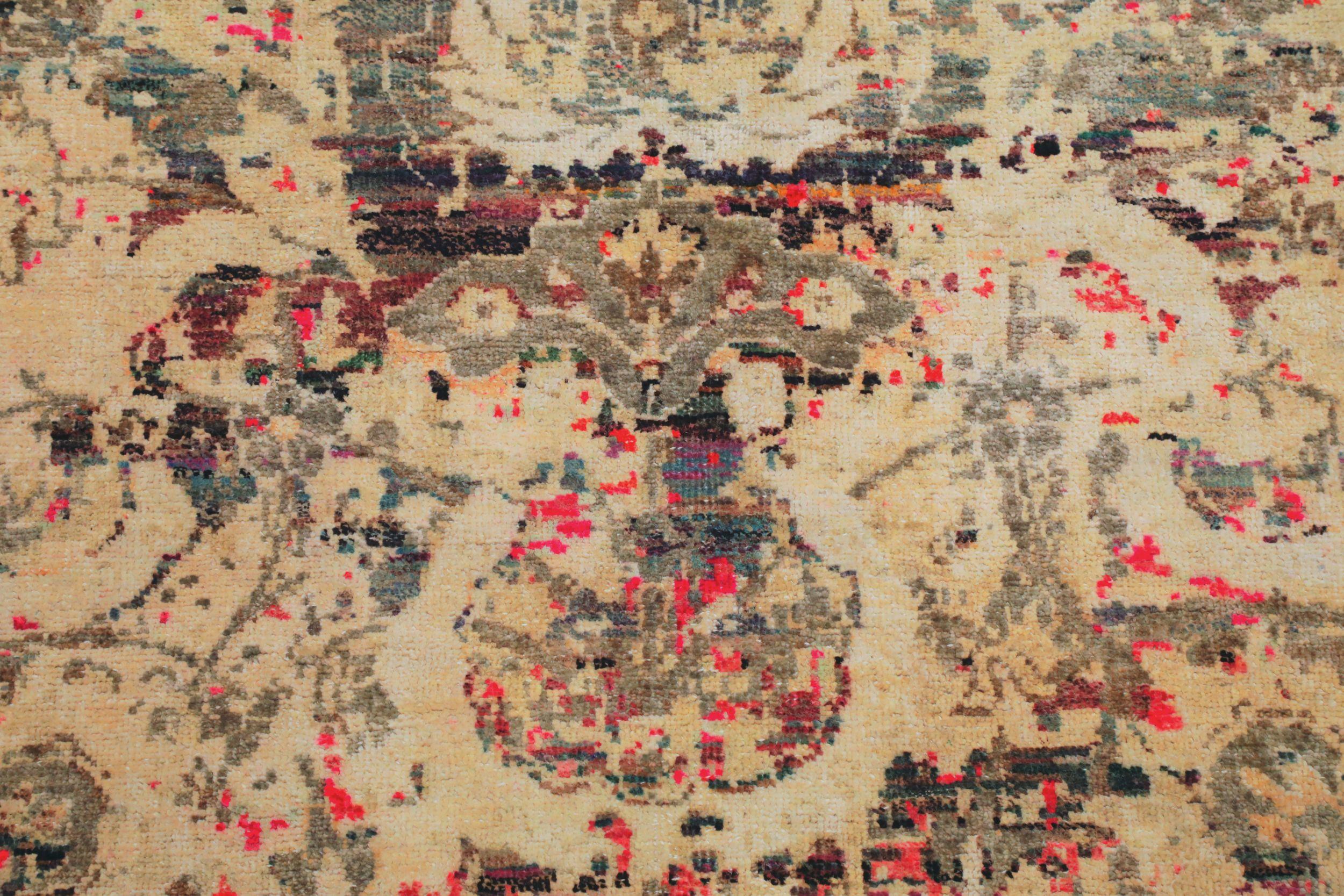 Noué à la main Tapis en soie Sari de l'Inde - Laine Brown Ivory Red Design - 94150 en vente
