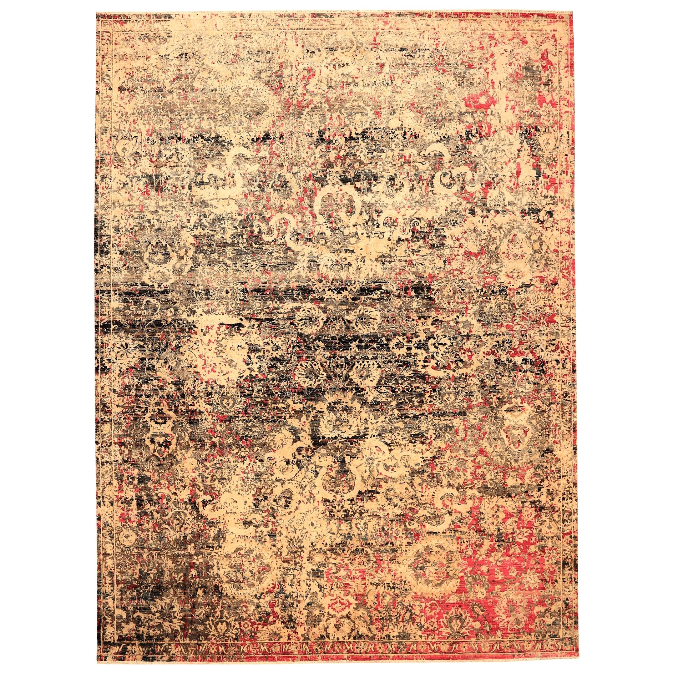 Tapis en soie Sari de l'Inde - Laine Brown Ivory Red Design - 94150