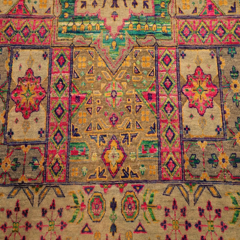 Indien Tapis indien Sari en laine vert ivoire rose motif - 94090 en vente