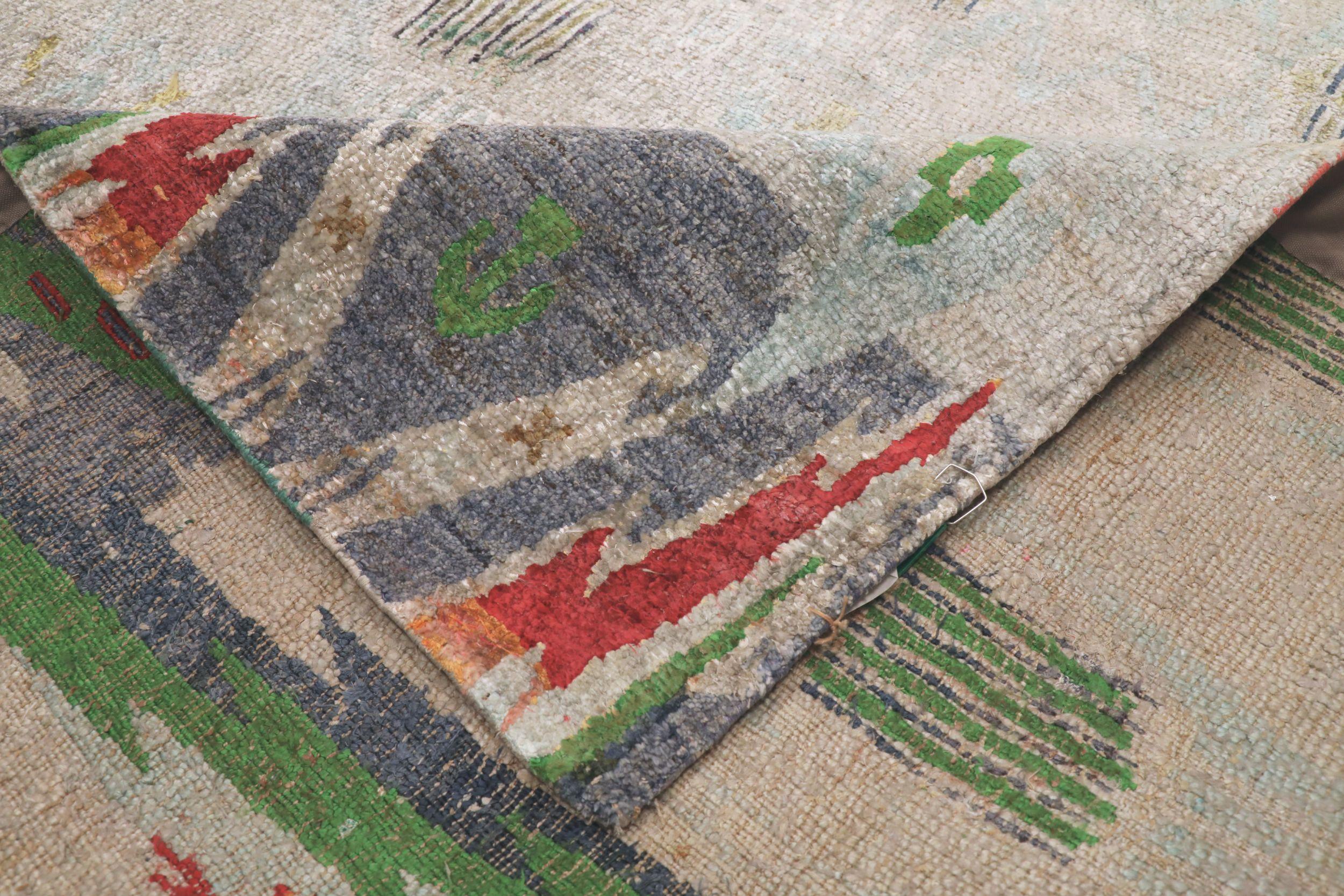 Indien Tapis indien Sari en laine vert ivoire rouge motif - 94131 en vente
