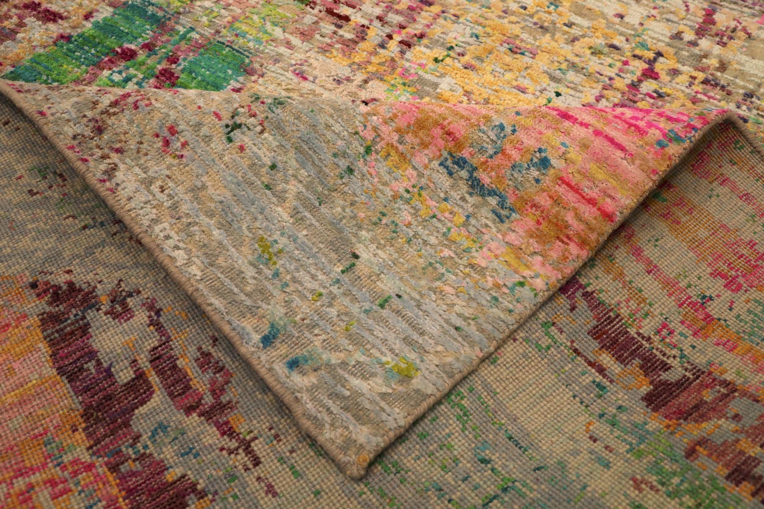 Indien Tapis indien Sari en laine motif vert rose jaune - 94164 en vente