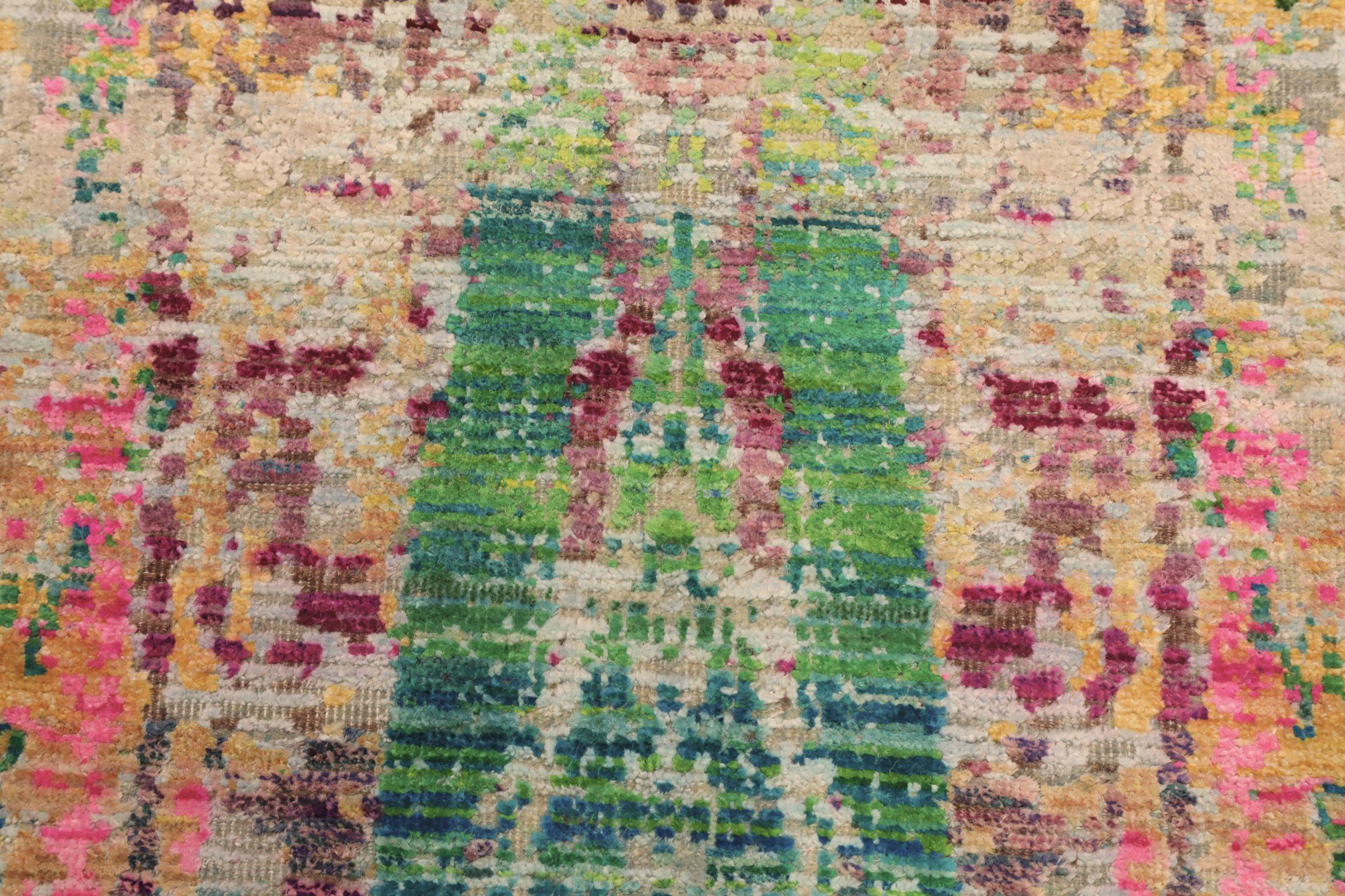 Tissé à la main Tapis indien Sari en laine motif vert rose jaune - 94164 en vente