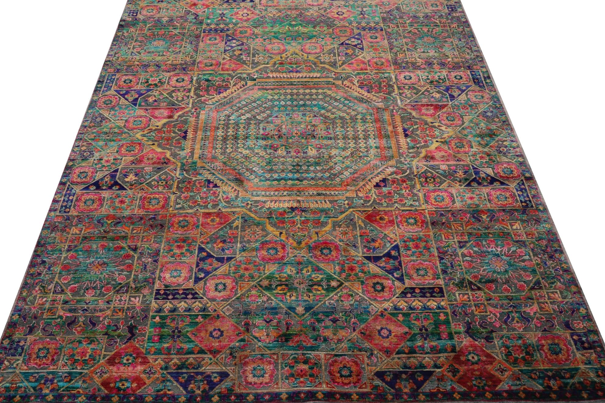 Indien Tapis de zone Sari en laine vert rose jaune motif en vente