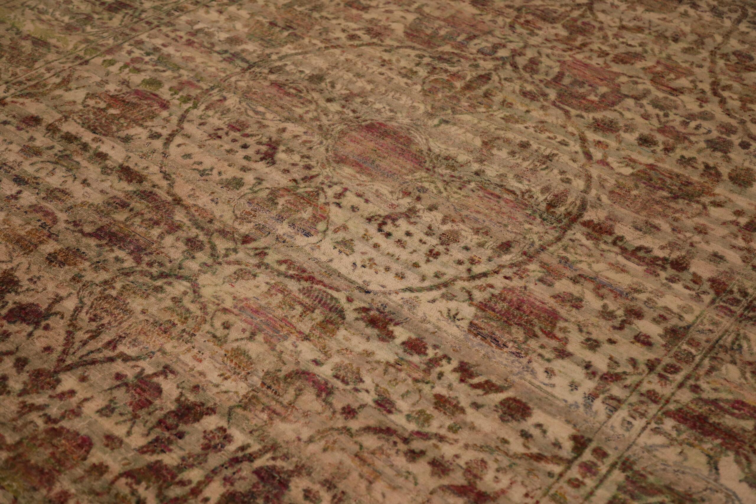 Moderne Tapis indien Sari en laine motif rouge ivoire - 93811 en vente