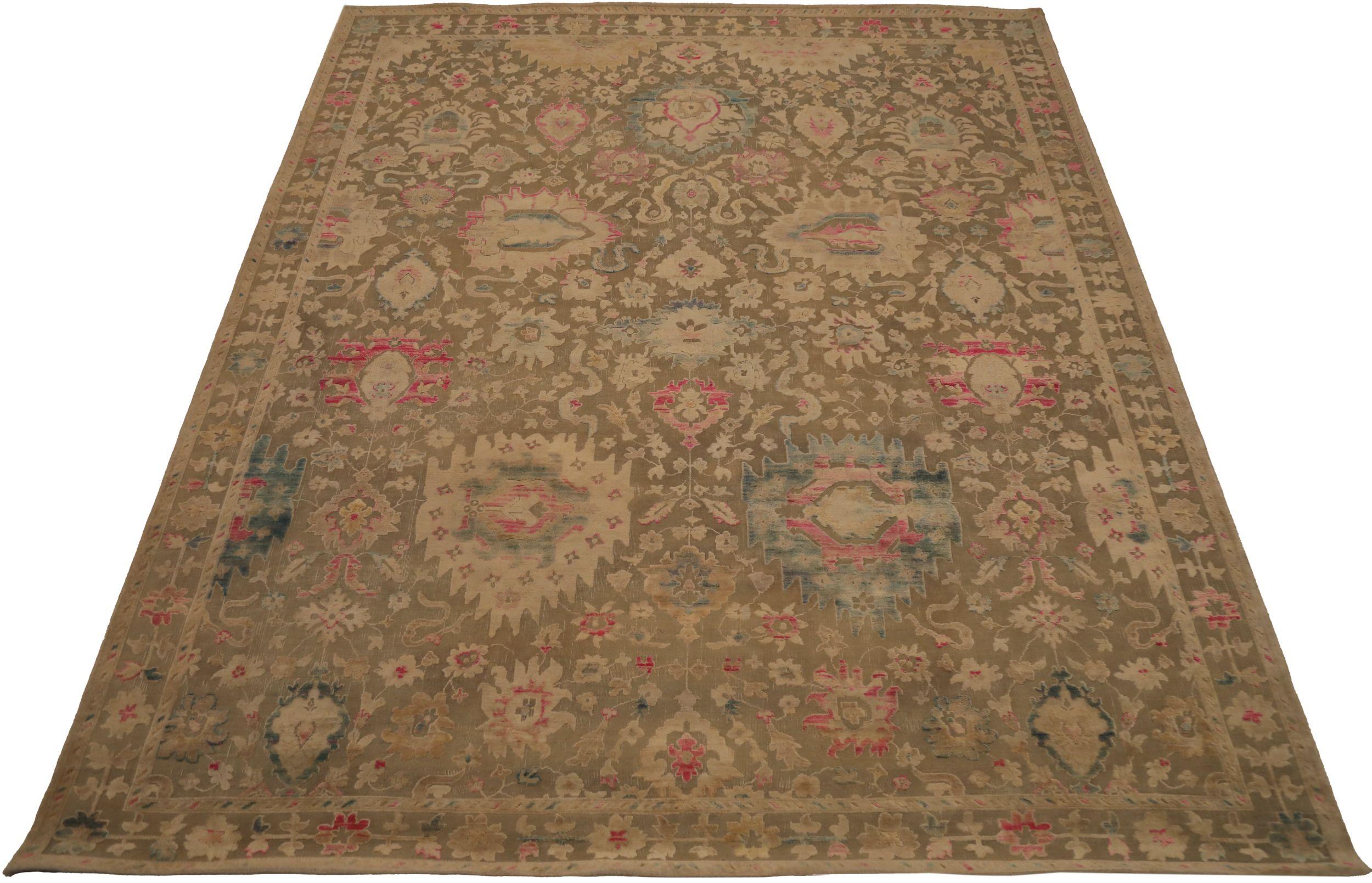 Moderne Tapis indien Sari en laine ivoire rouge taupe motif - 93839 en vente