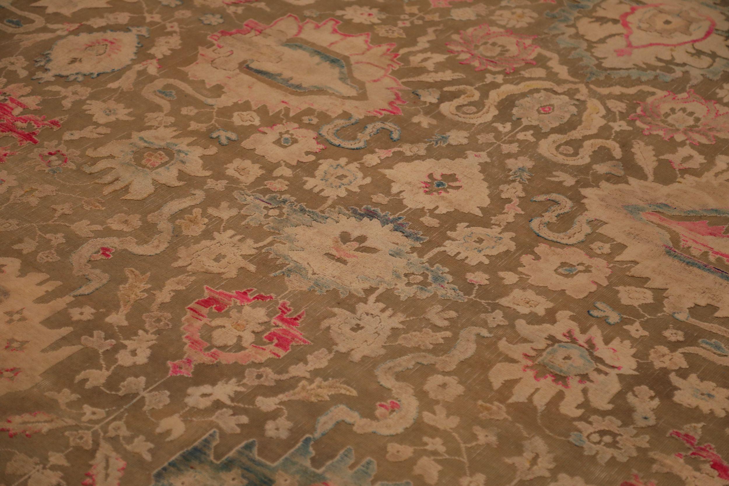 Noué à la main Tapis indien Sari en laine ivoire rouge taupe motif - 93839 en vente