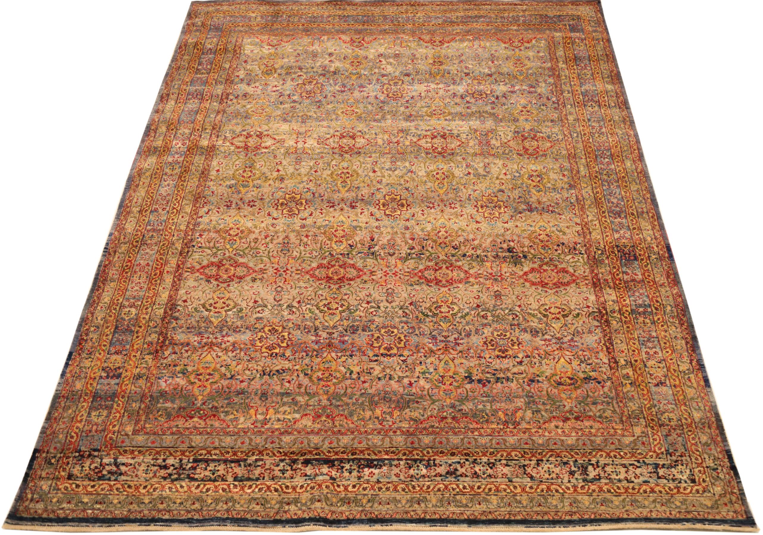 Entdecken Sie die Eleganz der indischen Sari-Seide mit Teppichen aus der Zeit um 1990. Dieses exklusive Design aus Wolle und Elfenbeinrot-Gelb ist perfekt, um Ihren Raum zu verschönern.