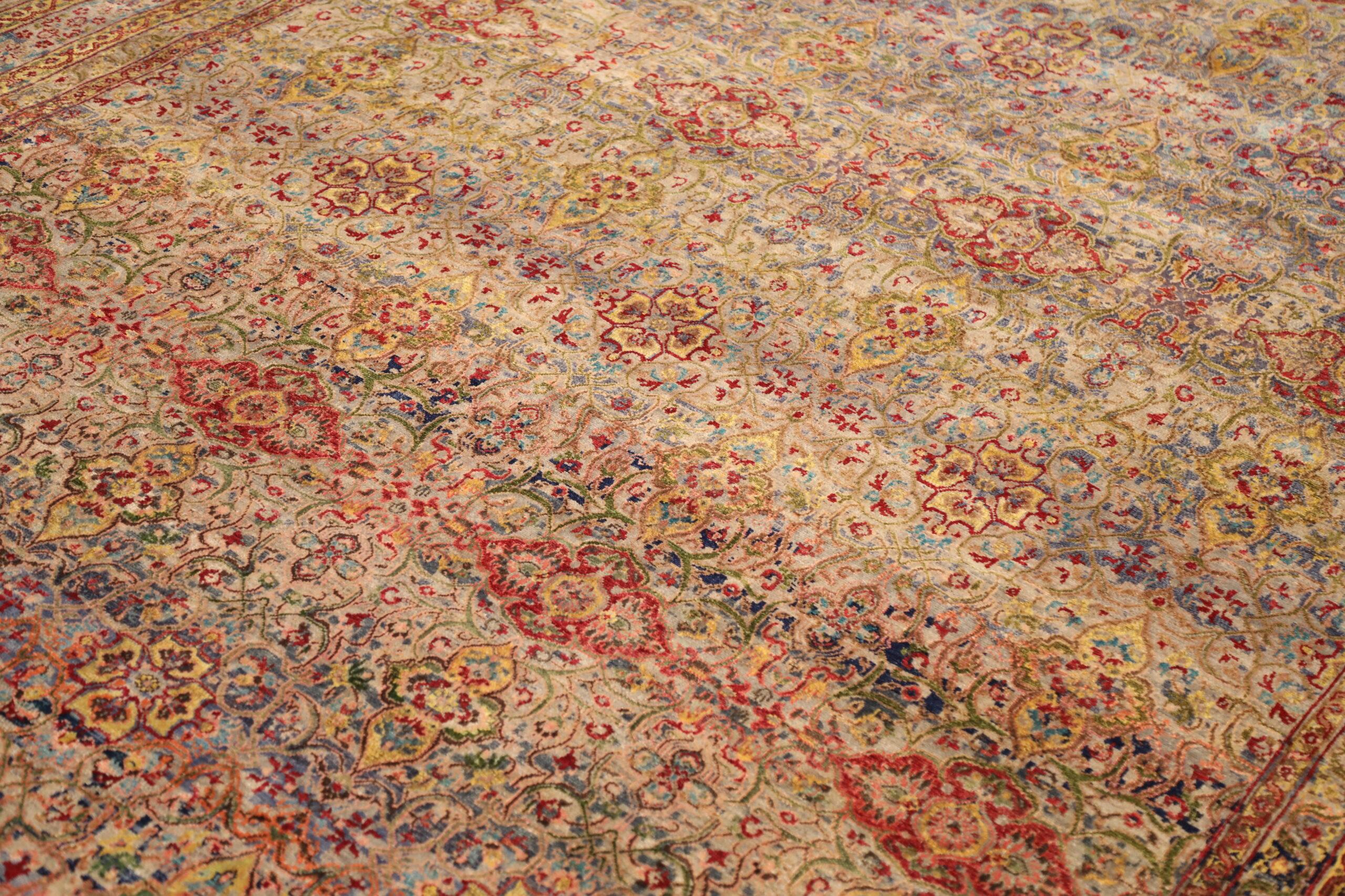 Indien Sari Seide Bereich Teppiche - Wolle Elfenbein Rot Gelb Design - 93822 (Moderne) im Angebot