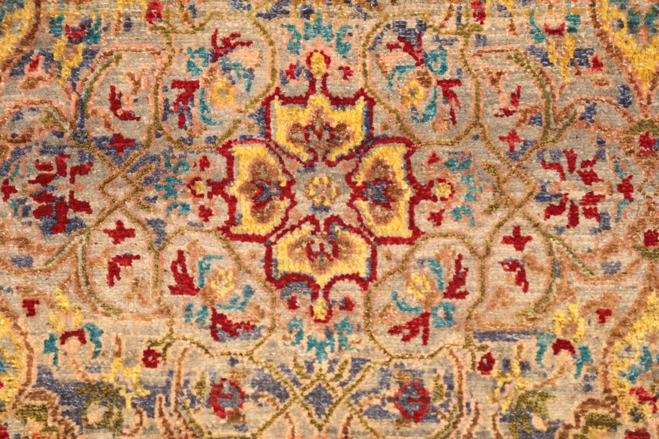 Indien Sari Seide Bereich Teppiche - Wolle Elfenbein Rot Gelb Design - 93822 (Indisch) im Angebot