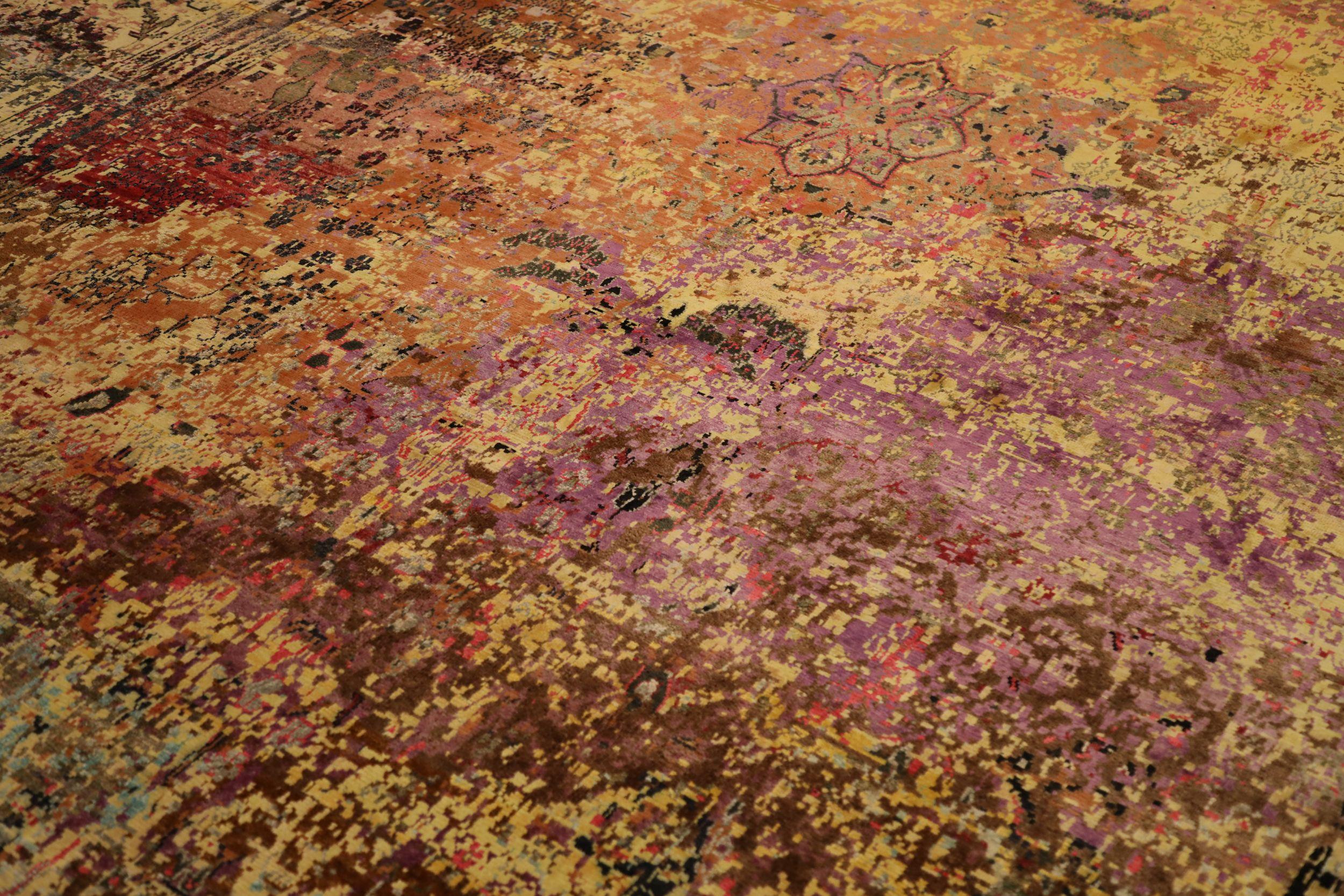 Moderne Tapis de zone Sari en laine orange pourpre rouge jaune, 93877 en vente