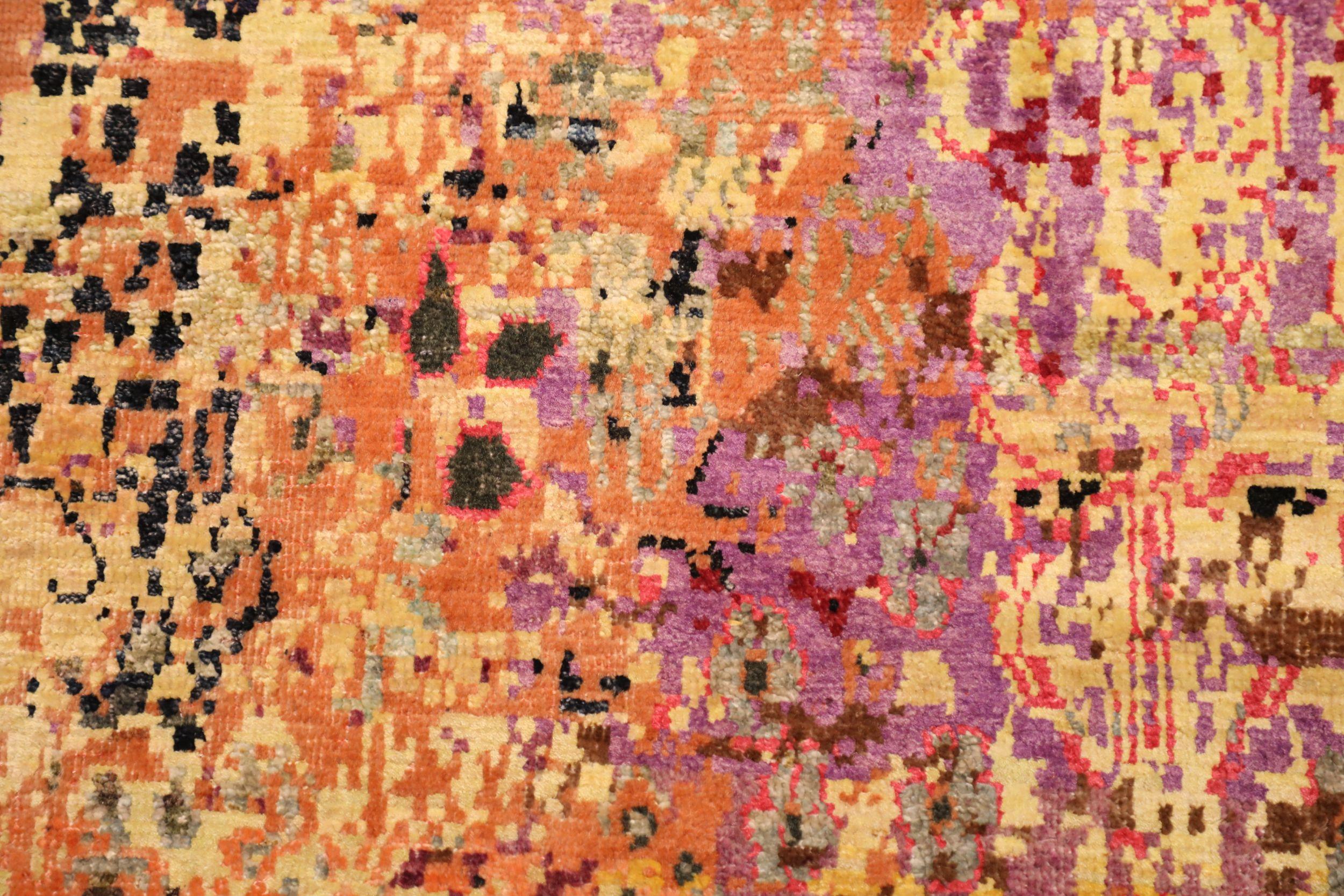 Indien Tapis de zone Sari en laine orange pourpre rouge jaune, 93877 en vente