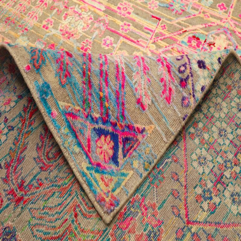 Indien Tapis de zone Sari en laine rose jaune motif indien - 94125 en vente
