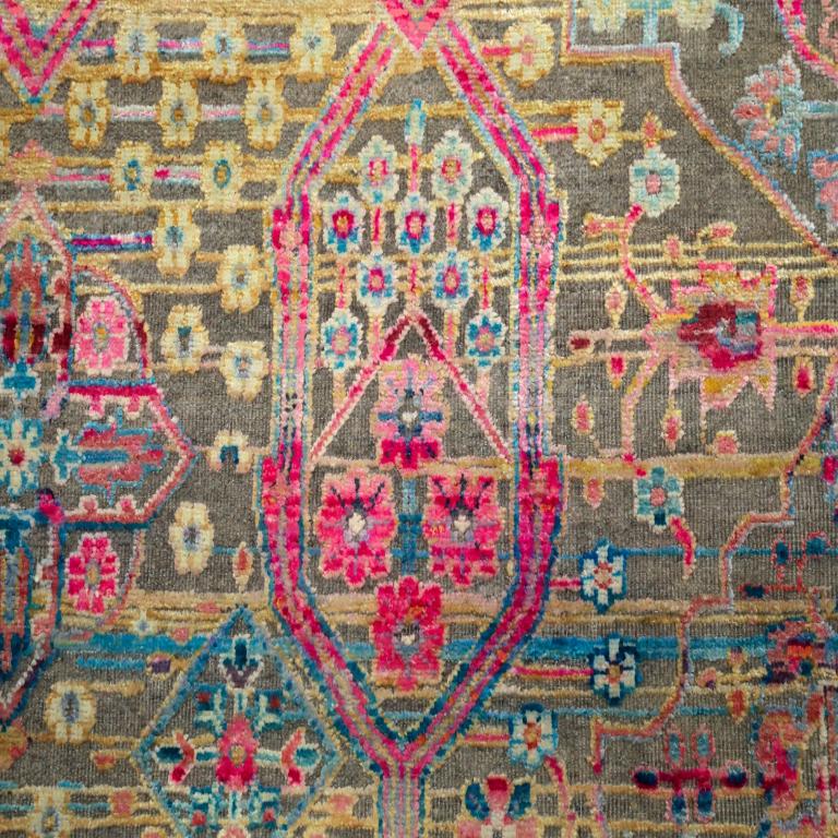 Tapis de zone Sari en laine rose jaune motif indien - 94125 Excellent état - En vente à Dallas, TX
