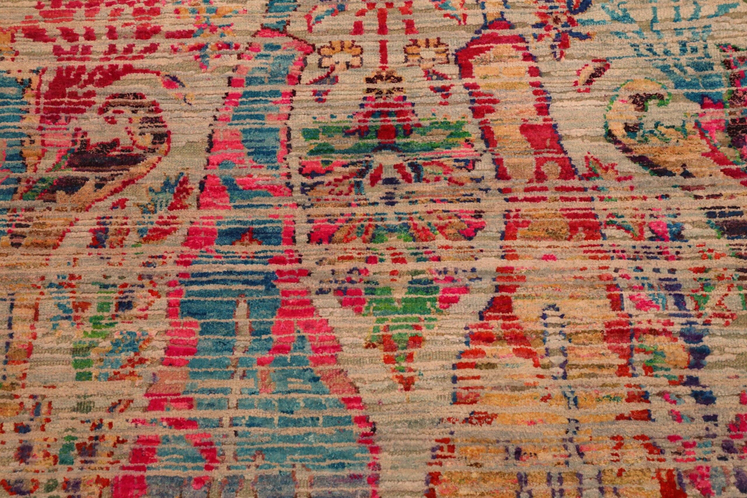 Indien Tapis de couloir Sari en laine bleu ivoire rose rouge jaune - 94210 en vente
