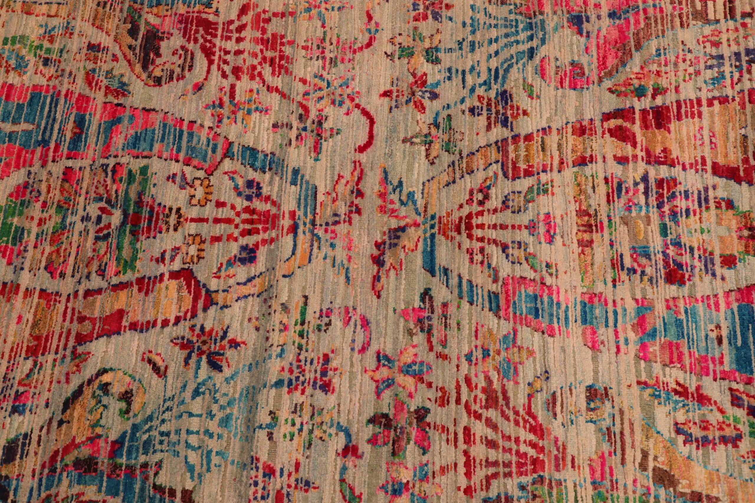 Tapis de couloir Sari en laine bleu ivoire rose rouge jaune - 94210 Excellent état - En vente à Dallas, TX