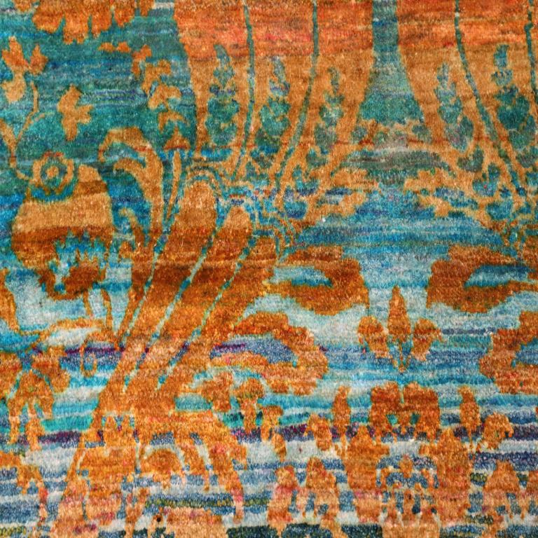 Indien Tapis de couloir Sari en laine bleu, orange et jaune - 94215 en vente